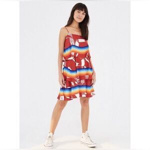 NWT Farm Rio Red Tucan Rainbow Print Tiered Ruffle Spaghetti Strap Mini Dress M